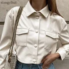 Рубашка женская из экокожи, с отложным воротником и двумя карманами