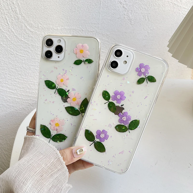 

Shockproof Real Dried Flowers phone case For iphone 12 Mini 11 Pro X XS Max XR 7 8 plus Se 2020 Cases Sequins Soft TPU Cover