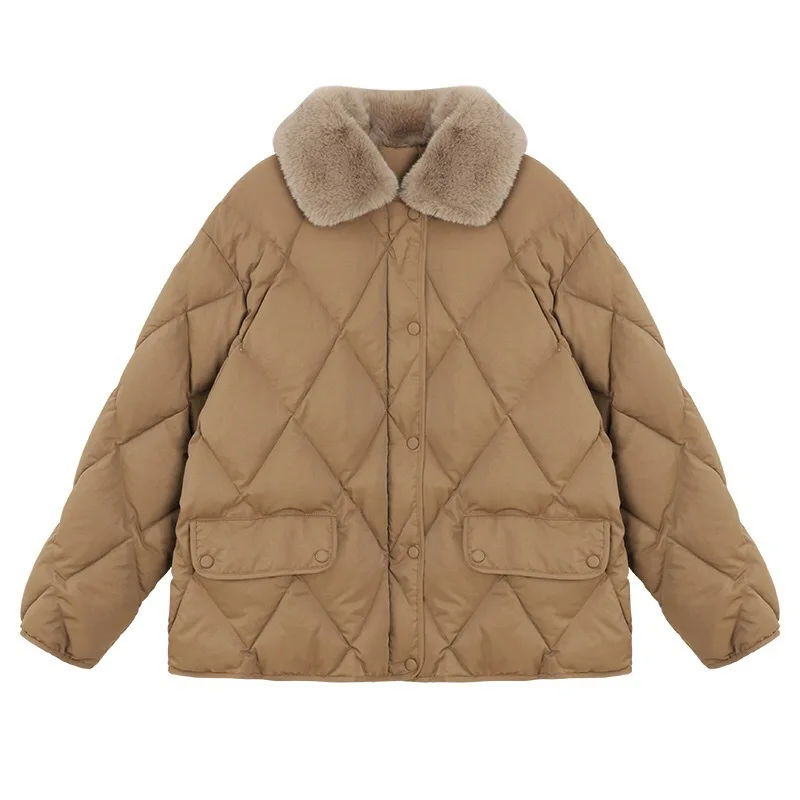 

Winter 2023 New Style Loose Padded Coat With Fur Collar, Short Diamond Single-breasted Jacket, Women's Baseball Uniform Argyle