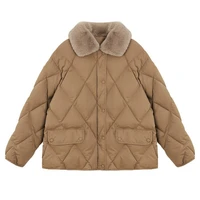winter 2021 new style loose padded coat with fur collar short diamond single breasted jacket womens baseball uniform argyle