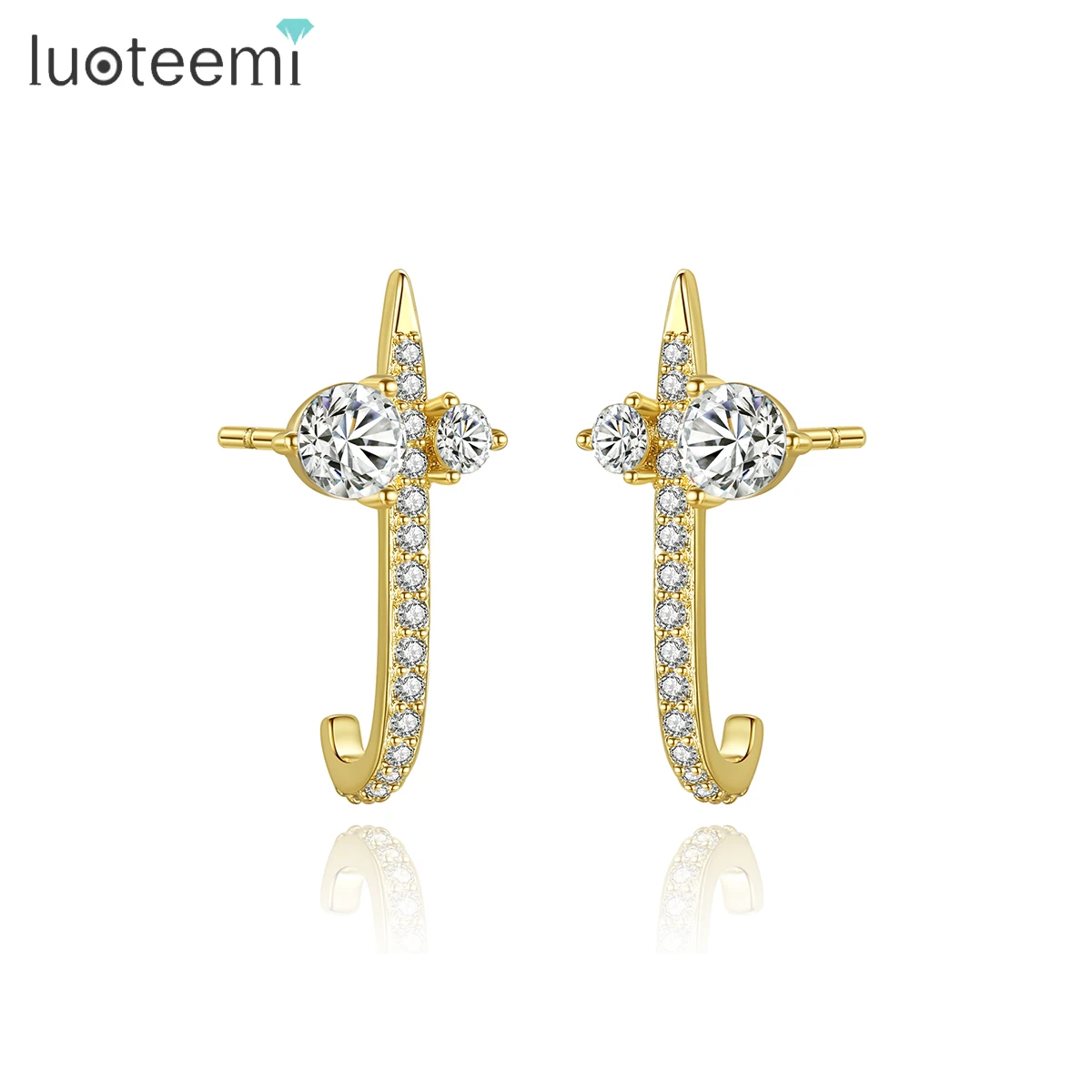 

LUOTEEMI Unique Gold Color Hoop Earring for Women Two Small Round CZ Drop Earrings petite boucle d'oreille Christams Friend Gift