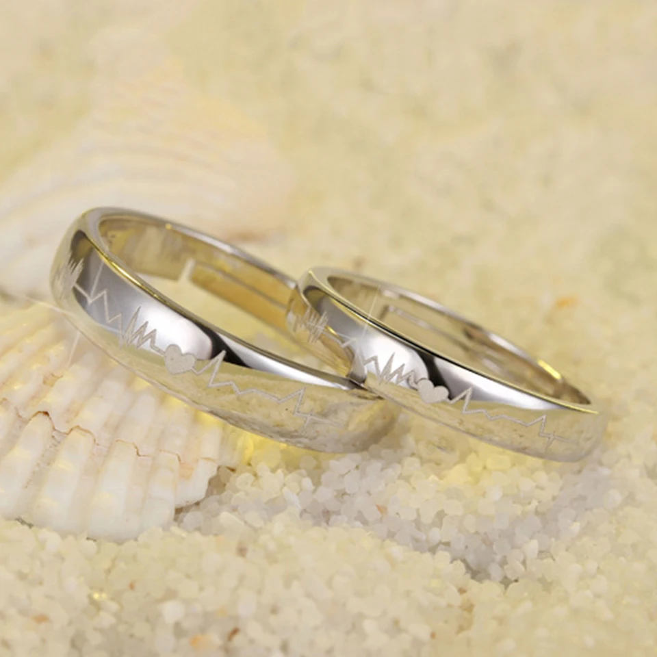 ECG Сердце Пара Кольца для влюбленных женщин мужчин серебряный цвет Открытый