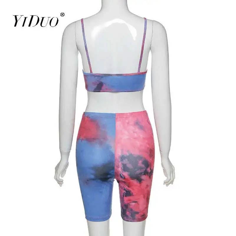 

YiDuo Sexy Two Piece Set Matching Sets Women Tie Dye Print Sleeveless Crop Top And Biker Shorts Summer Outfits Activewear 2020