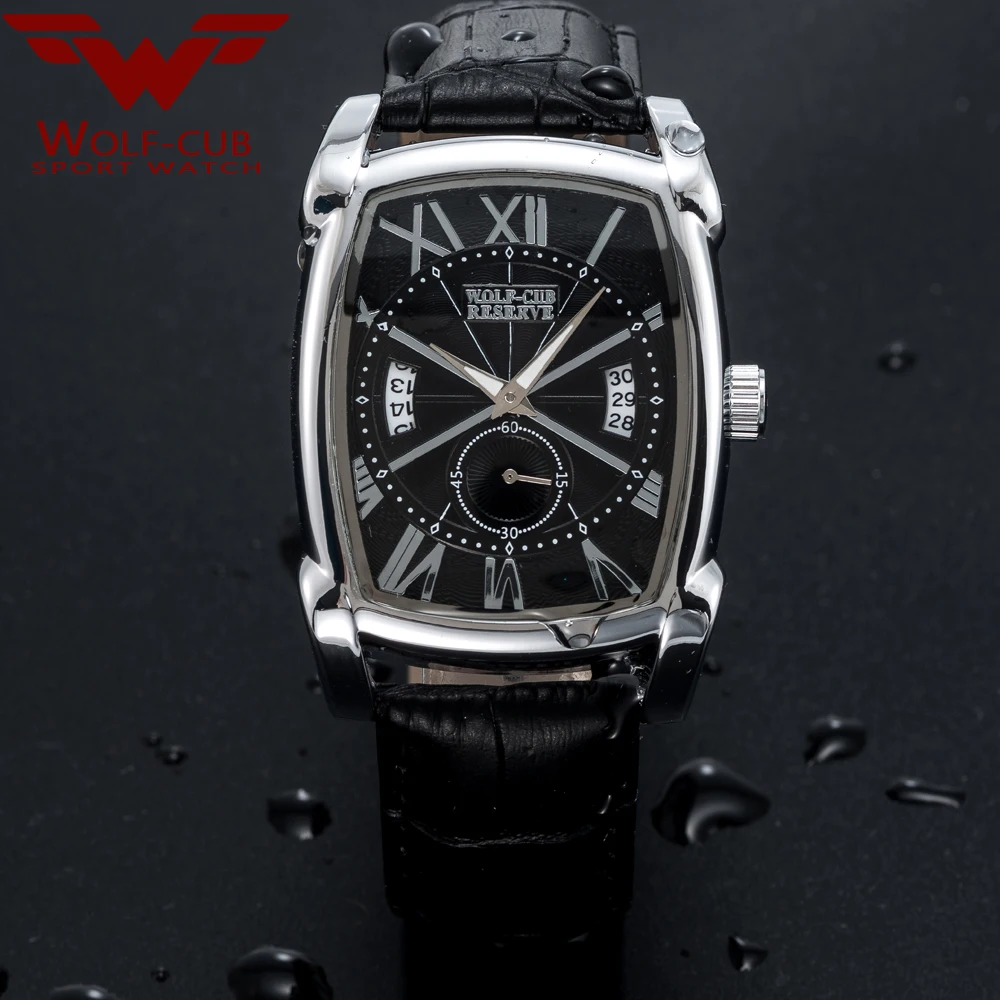 

WOLF-CUB Wrist Watch Men Clock Male Relogio Masculino Erkek Kol Saati Square Men silver Watch Business Quartz Leather