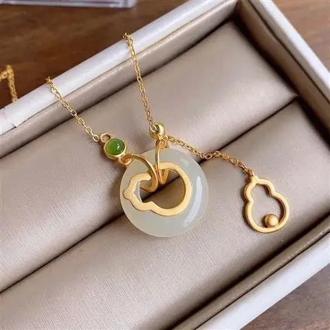 

Gift Natural Bottle Gourd Peace Buckle Non-Separation Necklace Pendant S925 Sterling Silver Ancient Silver Hetian White Jade for