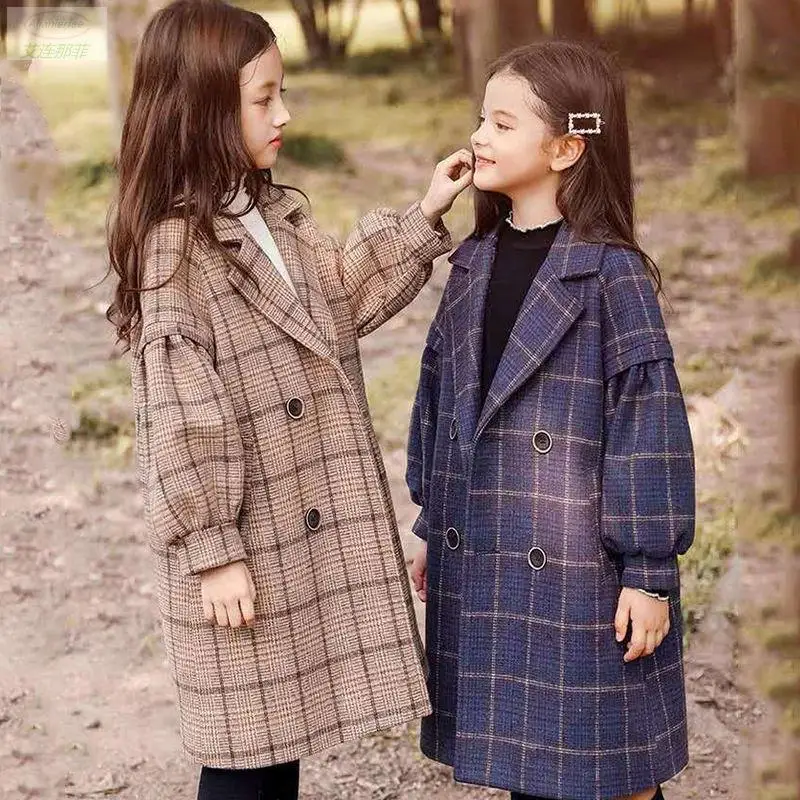 Brand new 2021 children girl autumn winter woolen long coats fashion plaid jackets kids elegant overcoat outfits clothe | Детская одежда