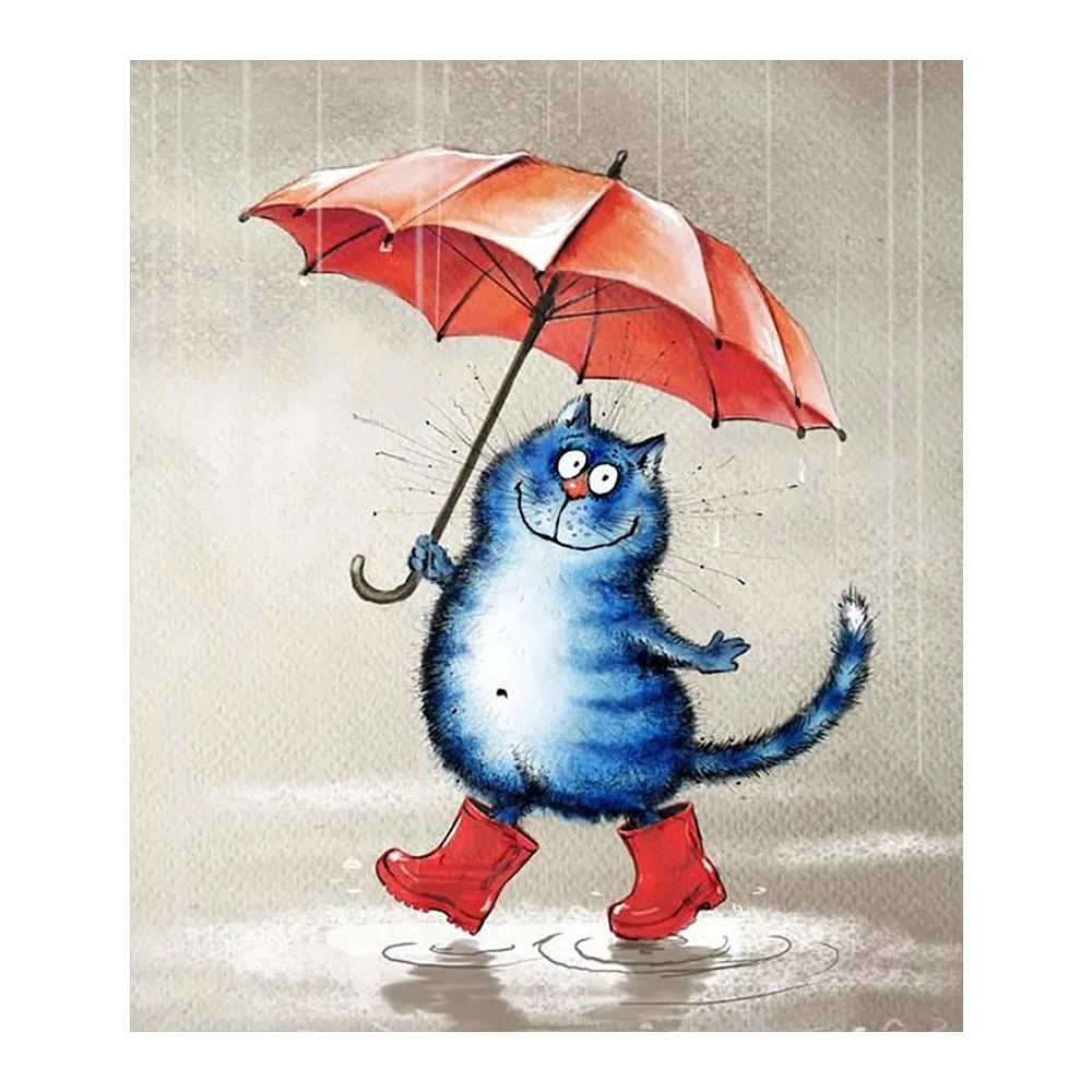 Синий кот держит зонт под дождем алмазная живопись Круглая Полная Картина