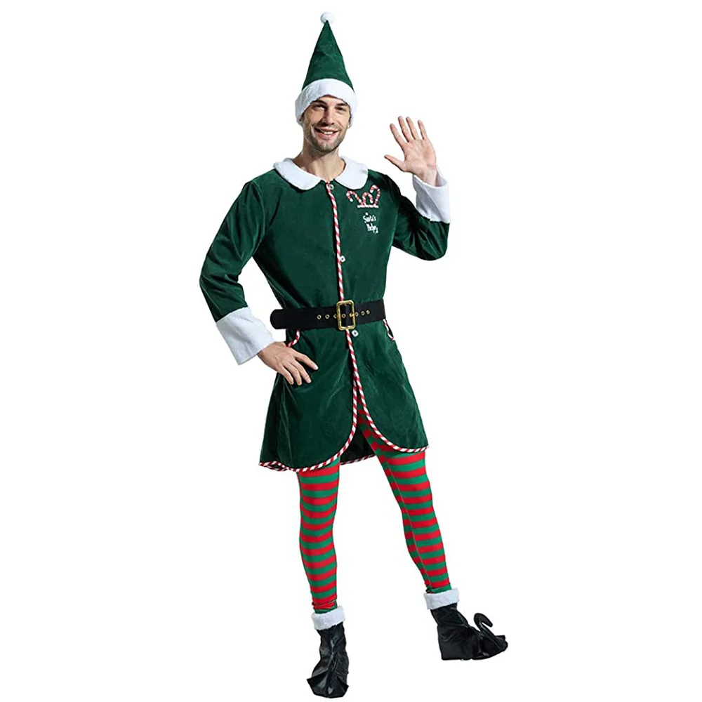 

Reneecho Men Santa Elf Costumes Adult Christmas Claus Suit Fancy Dress Outfit New Year Cosplay Santa Helper Costume 2021