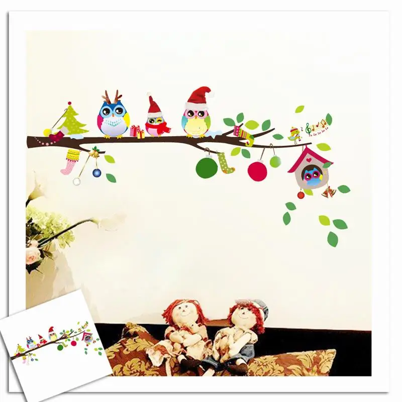 

Merry Christmas With Cute Owlets Wall Stickers For Kids Room Diy Festival Party Decoration Animal Tree Home Decals Wall Art