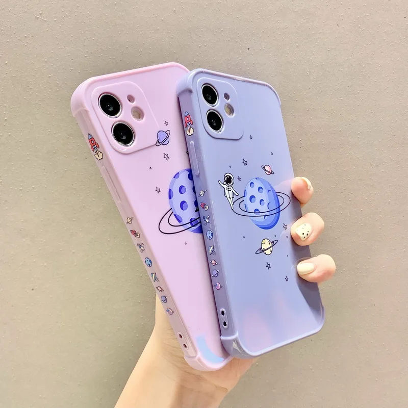 

For iPhone 12 11 Pro Max XS XR 8 7 Plus Creative Astronaut Pattern Silicone Case Shockproof Camera Shield Matte iPhone 12 Case