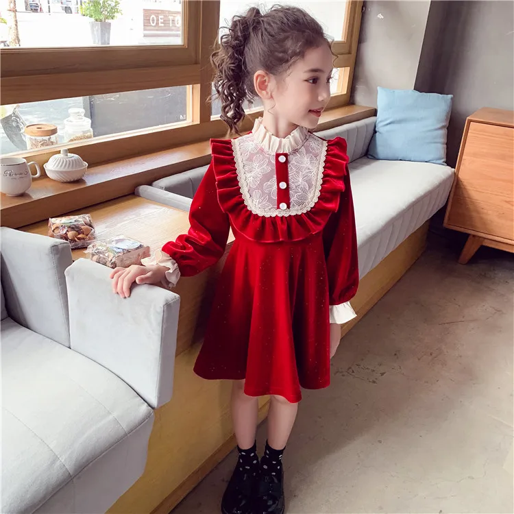 

Hot Red Christmas Dress for Girls Performance Party Birthday Clothes Winter Autumn Children Velvet kids Girls Dress Warm Clothes