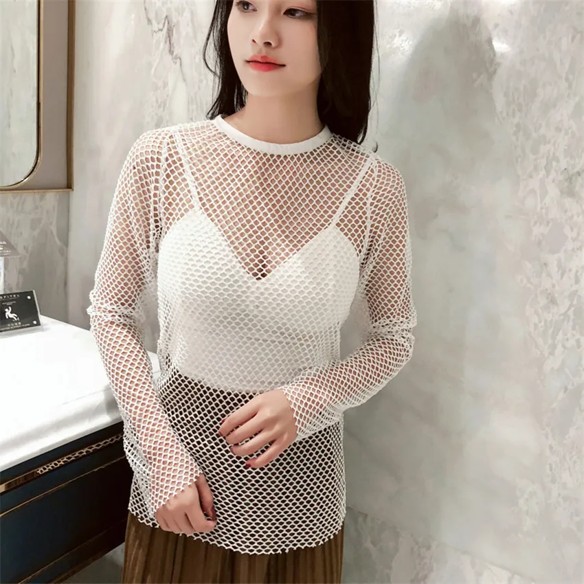 Gowyimmes Осенняя открытая ажурная сетка короткий соблазнительный женский блузка с
