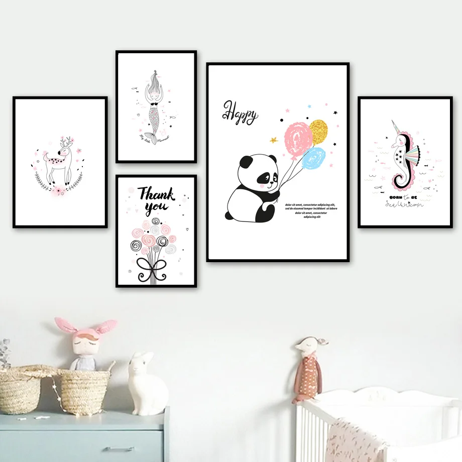 Декоративная картина мультяшная детская комната панда морская лошадь Русалка