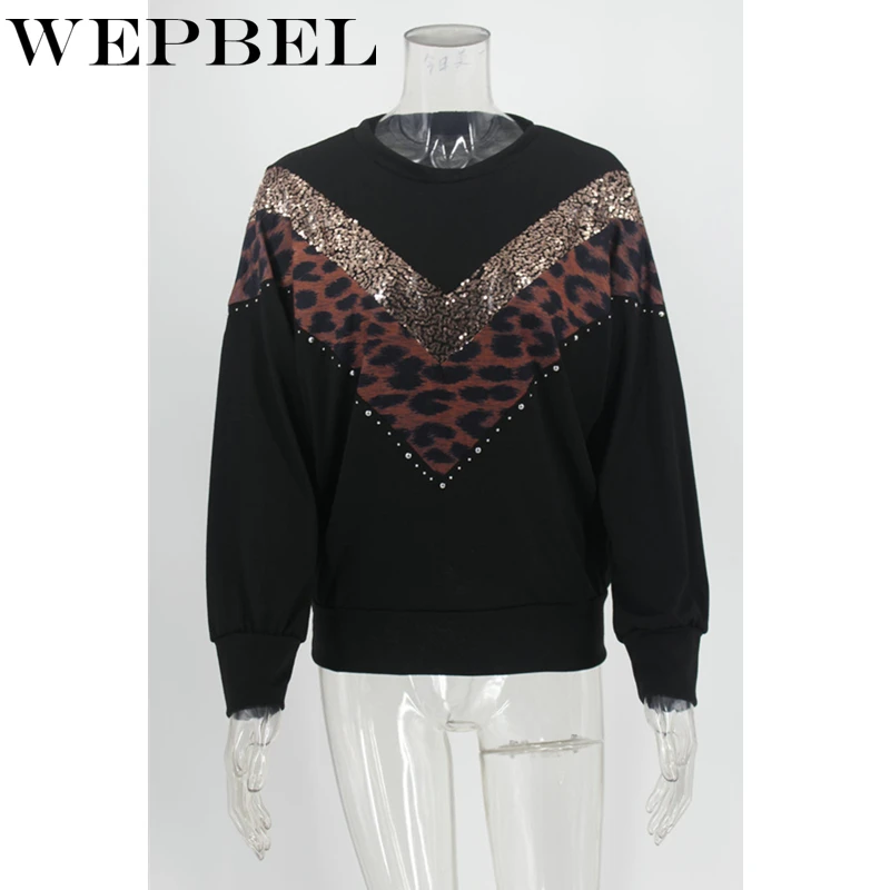 

WEPBEL 2021 Autumn Spring Women Elegant Leopard Sequins Patchwork Loose Hoodies Sweatshirt Ladies Loose Pullover Top