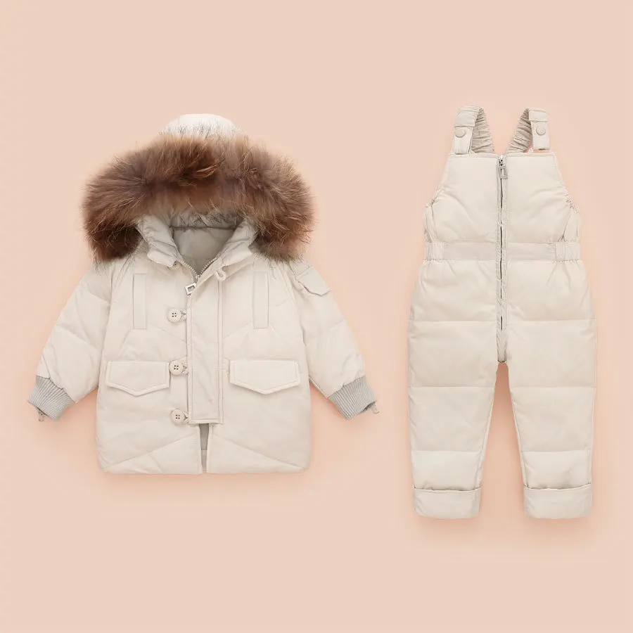 

Winter Kids Clothes Girls Baby Boys Thicken High Quality Suit Sets For Girls 1-3Y Hooded Fur Collar Outwear Suspender Pant 2Pcs