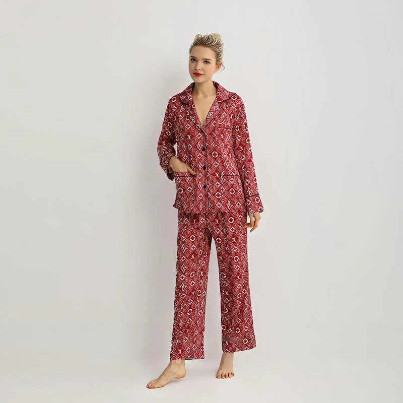 

Maison Gabrielle 2021 Spring Summer New Printed Silk Satin Pajamas Set Sleepwear Loungewear for Women Pyjama Femme 2 Pieces Long