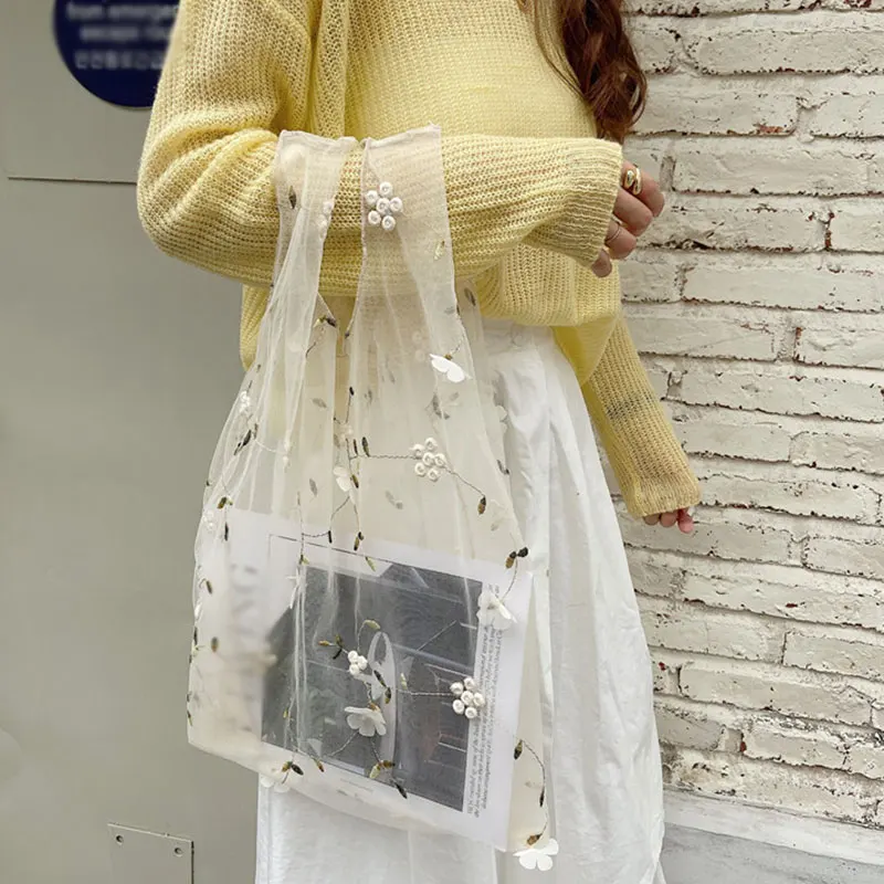 

Women Transparent Tote Double Organza Yarn Cloth Bag Embroidery Flowers Handbag High Quality Eco Shopping Bag Purses For Girls
