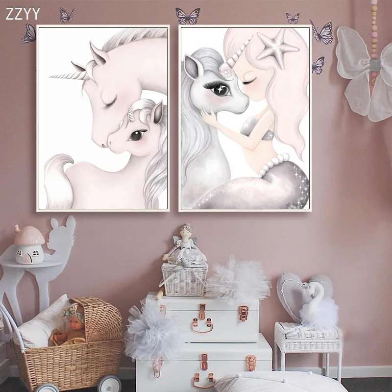 Розовый Единорог и красивая принцесса девушка холст искусство стены картина для