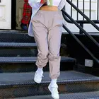 Женские брюки-карго со средней талией, однотонные Светоотражающие брюки полной длины, свободные штаны в стиле хип-хоп для бега и бега