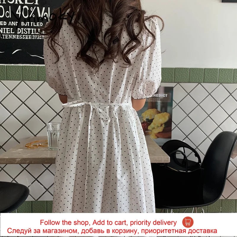 

Yitimoky Polka Dot Dresses for Women Summer 2021 Short Puff Sleeve Lace Peter Pan Collar Loose Korean Fashion Midi Dress White