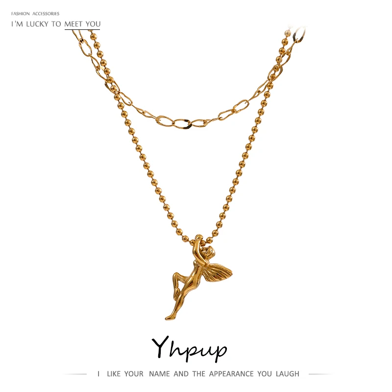 

Yhpup Stainless Steel Angel Pendant Neckalce Double Layered Jewelry Gold Collar Women Neckalce Collane Donna Statement Gift