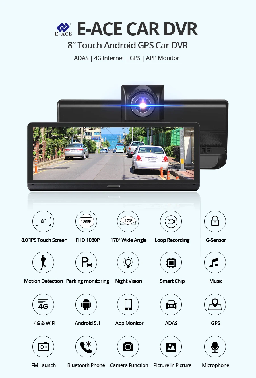 E-ACE E14 Автомобильные видеорегистраторы 4G Android 8,0 дюймов видеорегистратор 1080P видео рекордер gps навигация ADAS Dashcam с камерой заднего вида авто Dvr