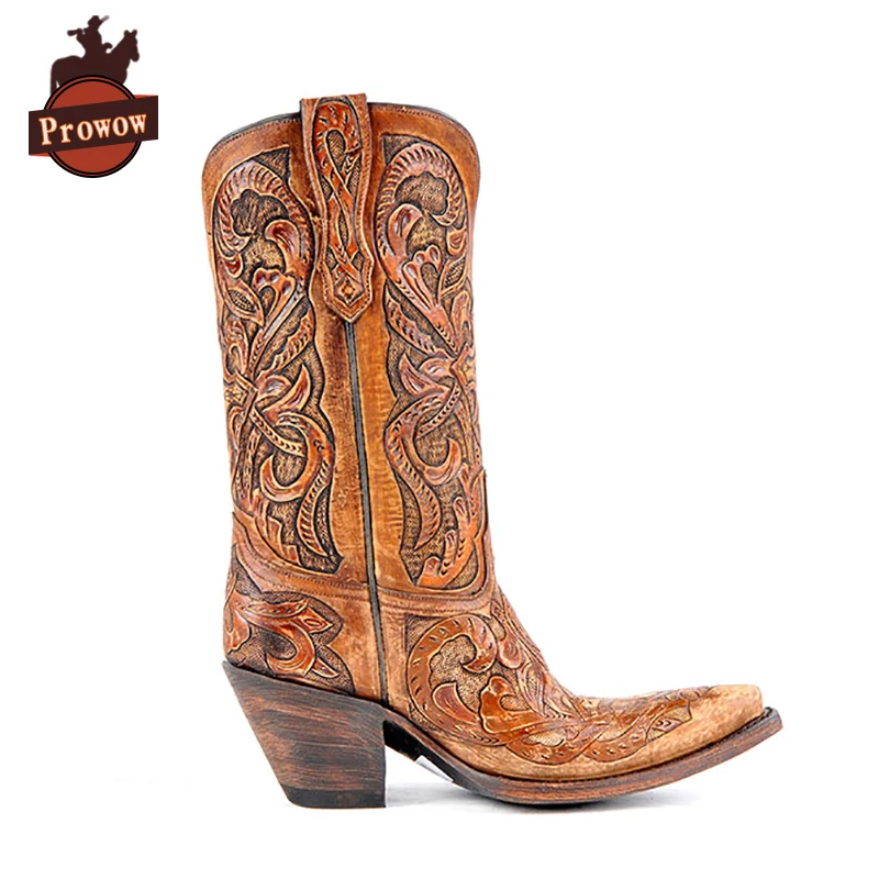 Женские ковбойские сапоги Prowow дизайнерские из натуральной кожи с острым носком