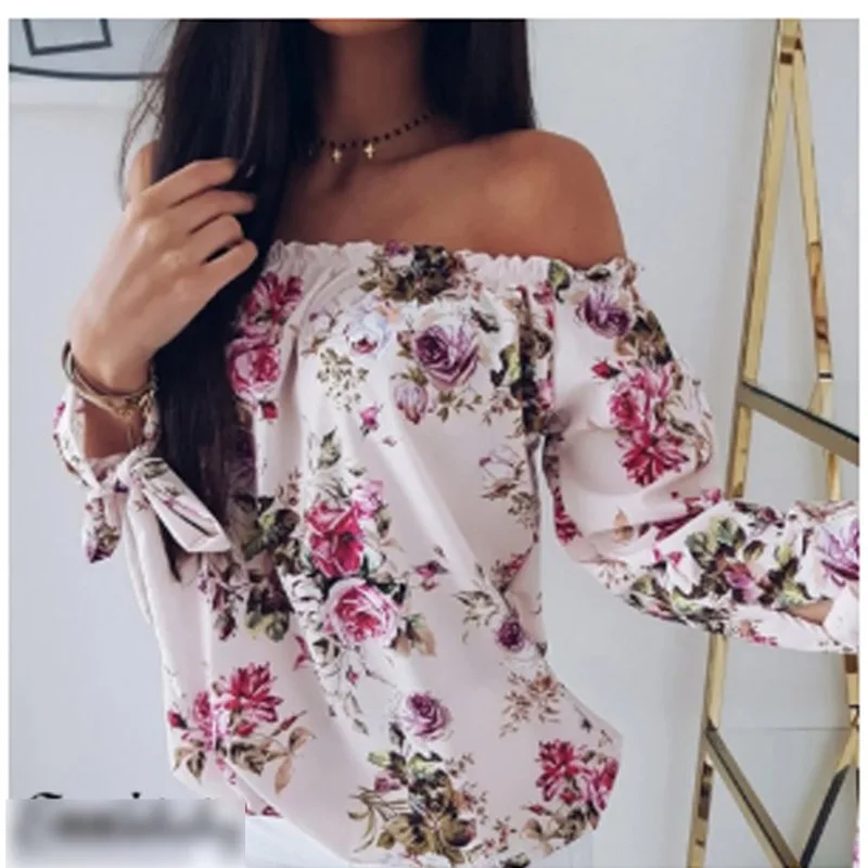 

Women Blouse Off-the-Shoulder Elegant Floral Print Shirt Casual Tops Fashion Summer Long Sleeve Loose Ladies Clothing