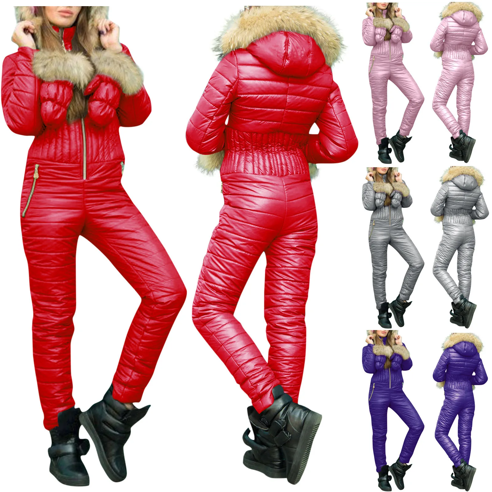 

Snowboard Skisuit Winter Jumpsuits Women Fur Hooded Zipper Winter Clothes Silm Full Sleeves Parkas Woman Snowboarding Set