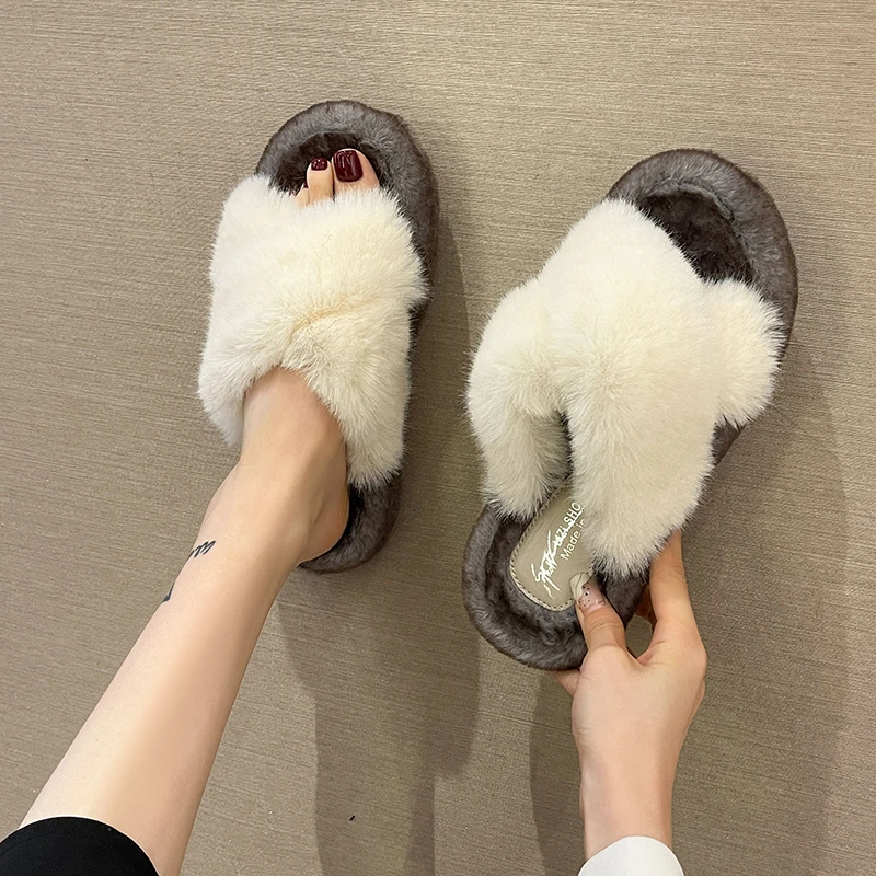 

Shoes Slippers Flat Flock Slipers Women Slides Low Fur Flip Flops Fashion 2021 Plush Soft Luxury Cross-tied Autumn with fur Basi