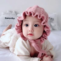 knitted ruffle baby girls toddler hats solid print autumn winter newborn photography props caps dm1081