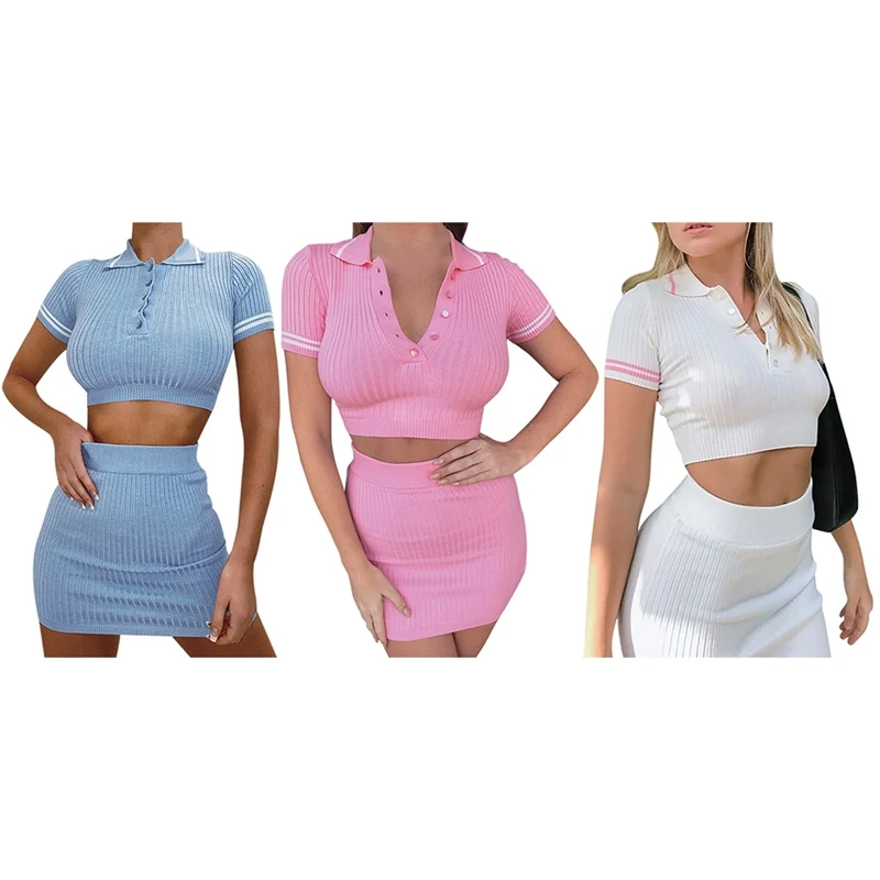 

Women Dress Suit Short-sleeved Skirt Suit Sexy Exposed Navel Sweater Two-piece Suit Womens Sweaters