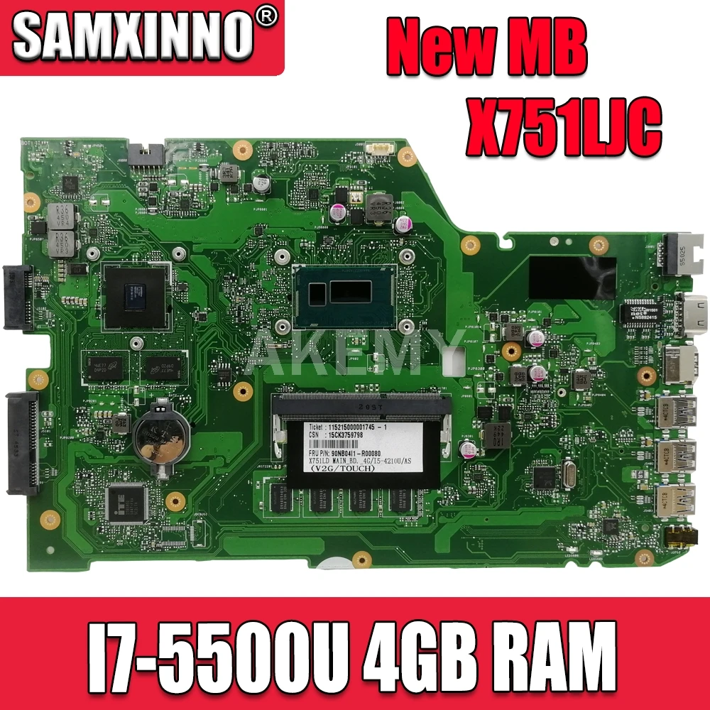 

Akemy X751LJ Mainboard REV 2.3 For ASUS R752LA R752LD X751LN X751LD X751LJ A751L Laptop motherboard I7-5500U 4GB RAM GT920M