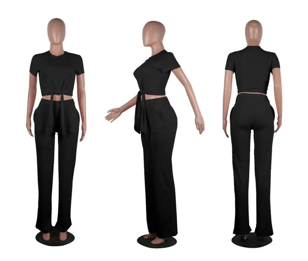 

European summer leisure solid color open navel women's suit fashion slim o-neck short sleeve shirt and trousers two-piece set