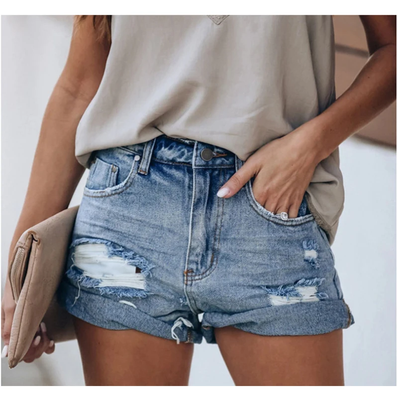 

Women's shorts 2021 new summer women's high waist ripped blue denim shorts casual women's 3-color edging black jeans shorts with