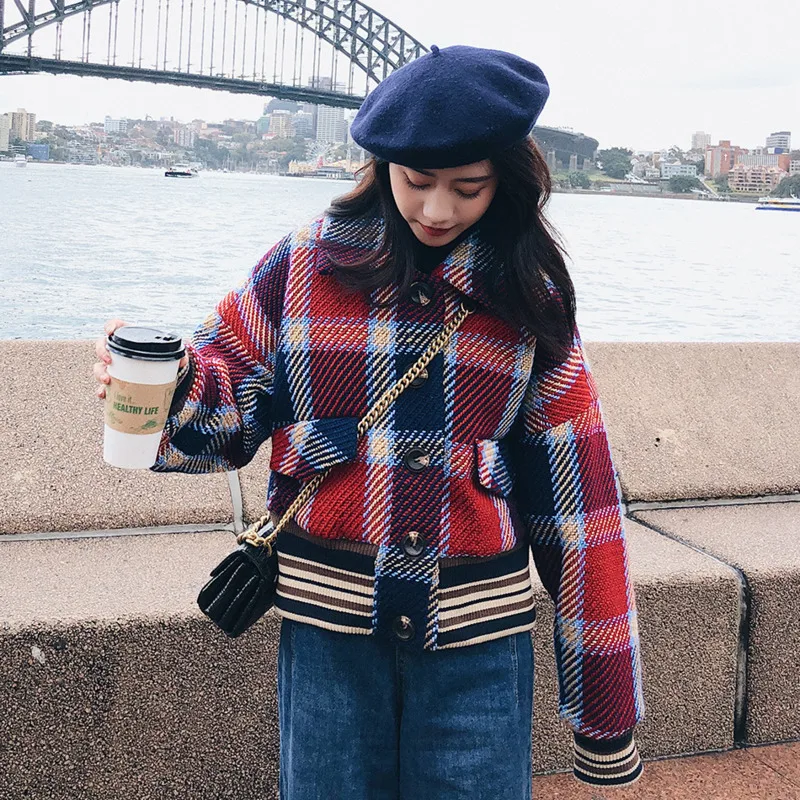 Свободное клетчатое пальто Харадзюку с кисточками и длинным рукавом Осень-зима