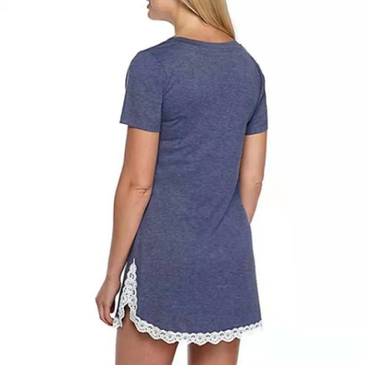 

Women Sexy Dress Lace Stitching Soft Cotton Solid Color V Neck Short Sleeve Dress Woman Clothing