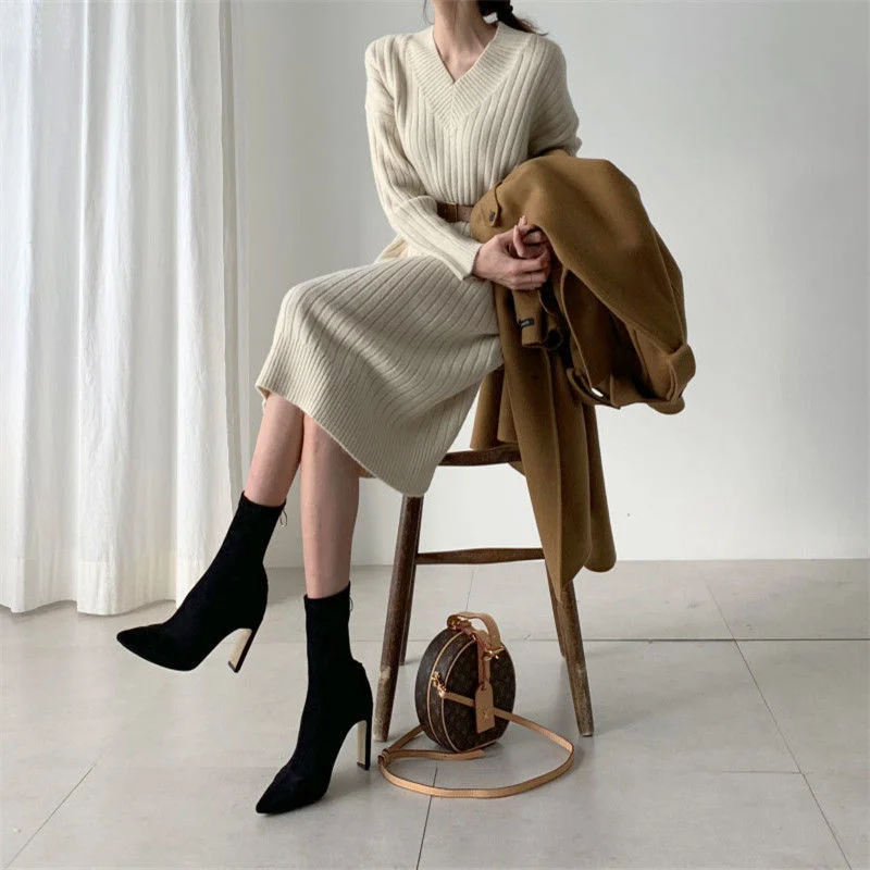 Осенний вязаный Повседневный свитер пуловер женское тонкое платье теплое с