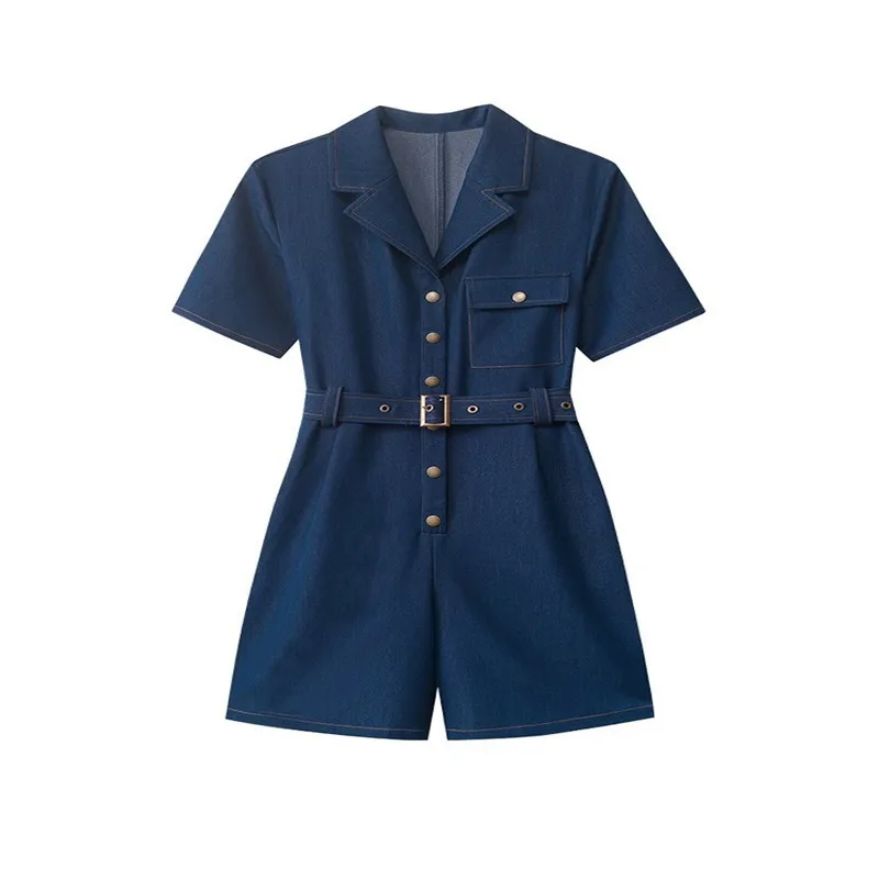 

Retro Imitation Denim Jumpsuit 2020 Summer New Fashion Lapel Short Sleeve Belt Loose Slimming Jumpsuit Shorts Women's Clothing