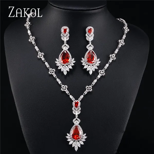 Red Set ZAKOL высокое качество большая капля синий кубический цирконий лист серьги ожерелье набор украшений для женщин свадебное вечернее платье FSSP2014 - Окраска металла: Red Set