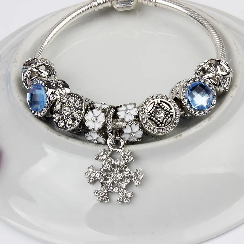 

Fashion Original Pandoras 925 silver Blue Crystal Snowflake Pendant crystal Bracelet jewelry beads charm Valentine's Day Gift