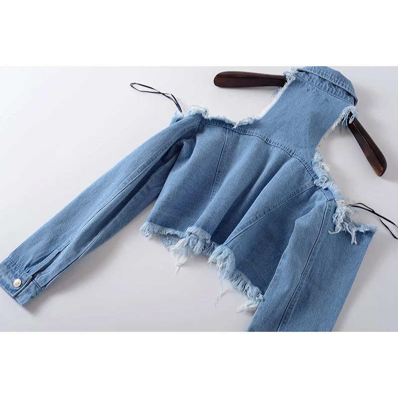 

2021 Fashion Frayed Off Shoulder Short Denim Jacket Slim Women Lapel Long Sleeve Veste Femme Female Jeans Jacket Spring Autumn