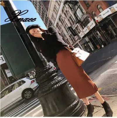 

Женский трикотажный комплект из 2 предметов, однотонный пуловер с V-образным вырезом и юбка в офисном стиле, зима 2020