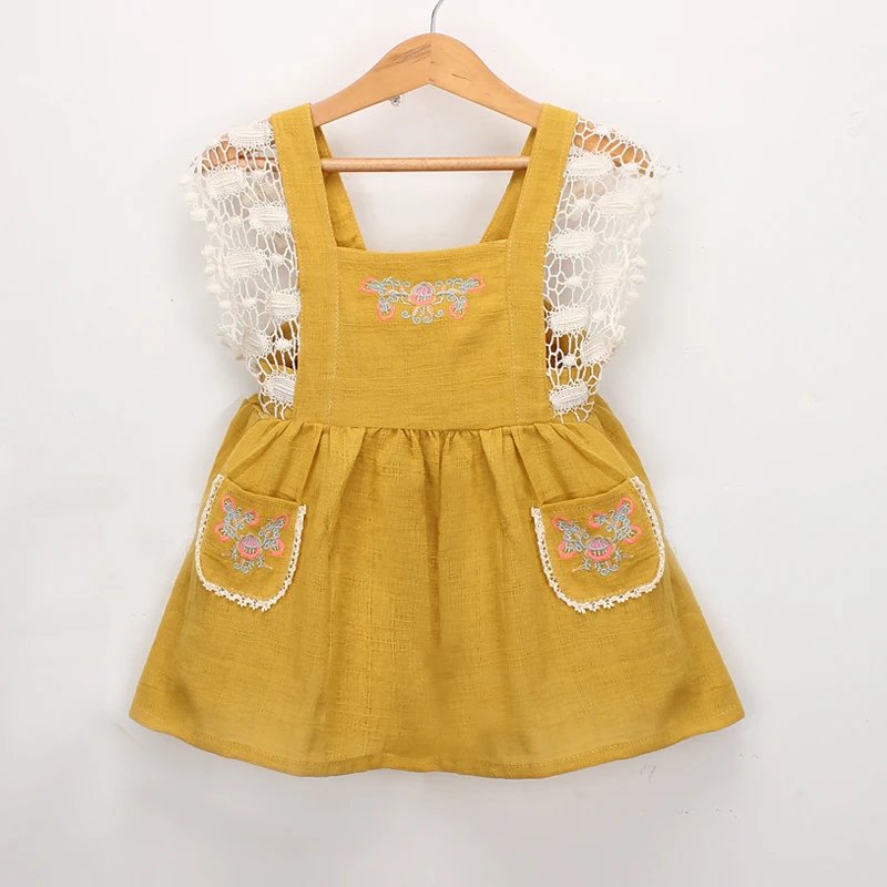 

Summer Kids Comfy Linen Dress Baby Girls Elegant Embroidery Lace Splcing Dress Children Casual Dress Toddler Fly Sleeve Clothes