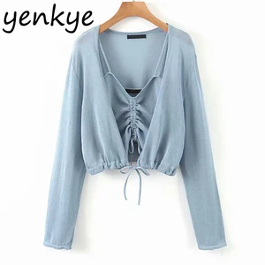 Блузка женская Солнцезащитная + длинный кардиган, тонкая пикантная винтажная Однотонная рубашка, праздничный Топ, 2 шт., на лето