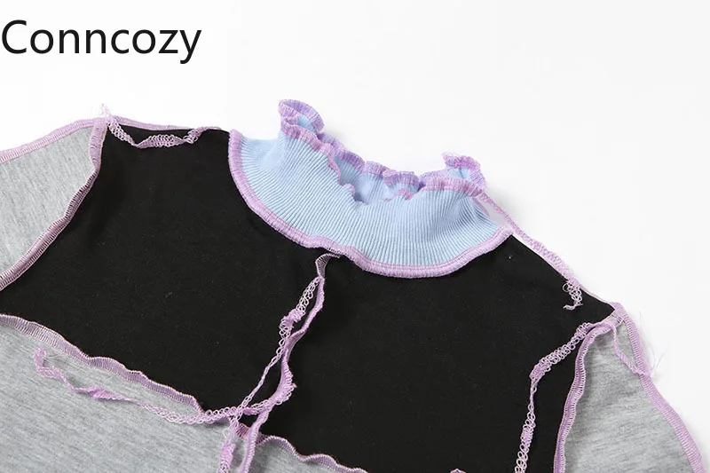 

T Shirts for Women Ruffle Collar Grey Black Patchwork Crop Top Sexy Street Knit T Shirt Autumn Patchwork Soft T Shirt Short Tops