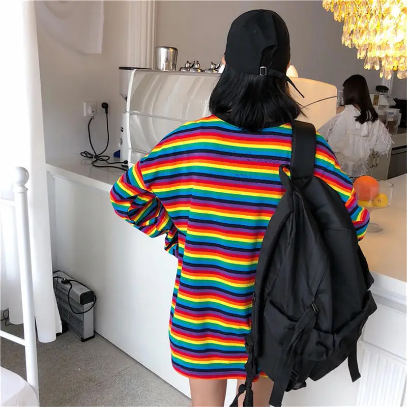 Радужная полосатая футболка осень зима Толстовка Harajuku футболка большого размера корейский женская повседневная женская одежда