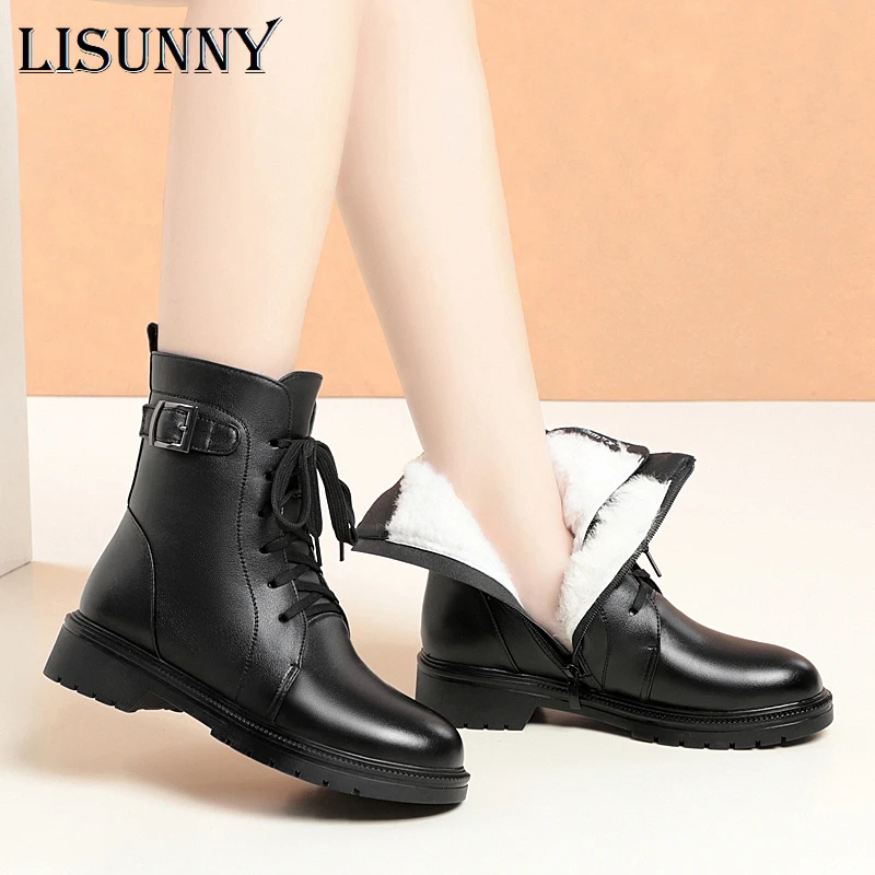 

Женские зимние ботинки LISUNNY, новинка 2021, женские короткие ботинки из натуральной кожи, теплые Нескользящие кожаные женские ботильоны