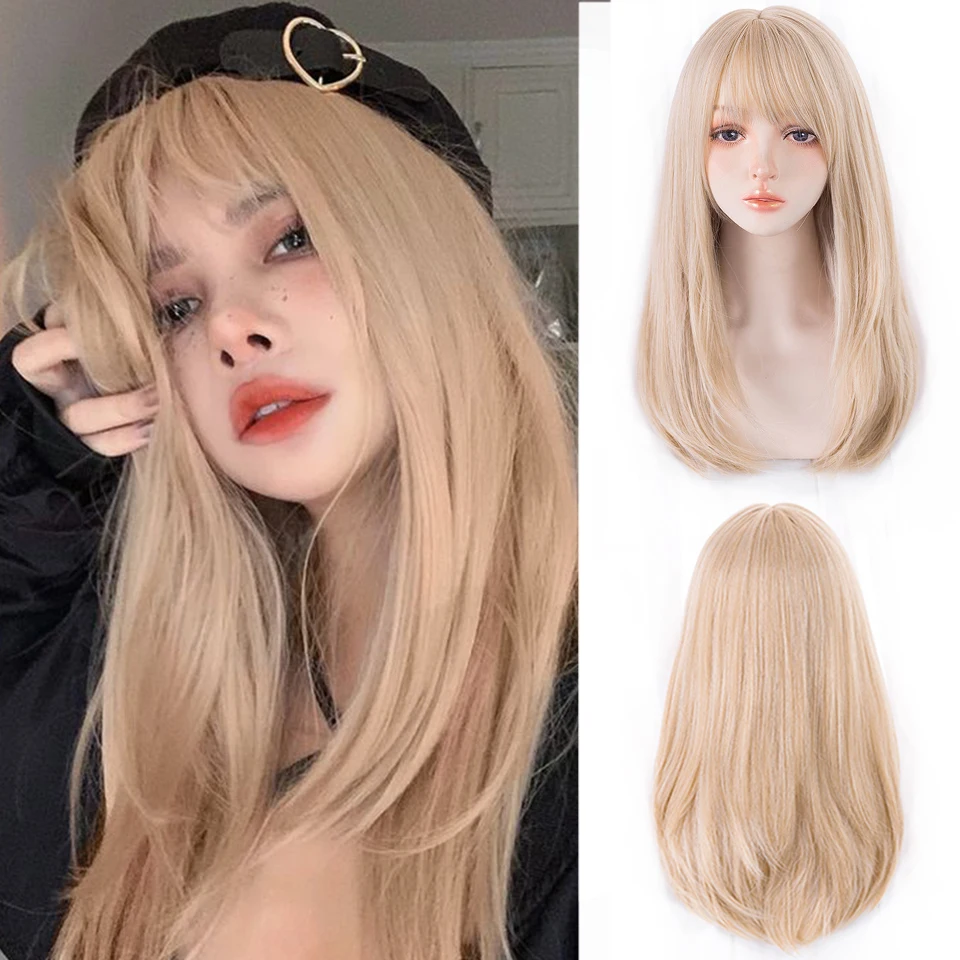 HOUYAN Medium length straight hair synthetic wig women golden pink black brown bangs wig cosplay lolita