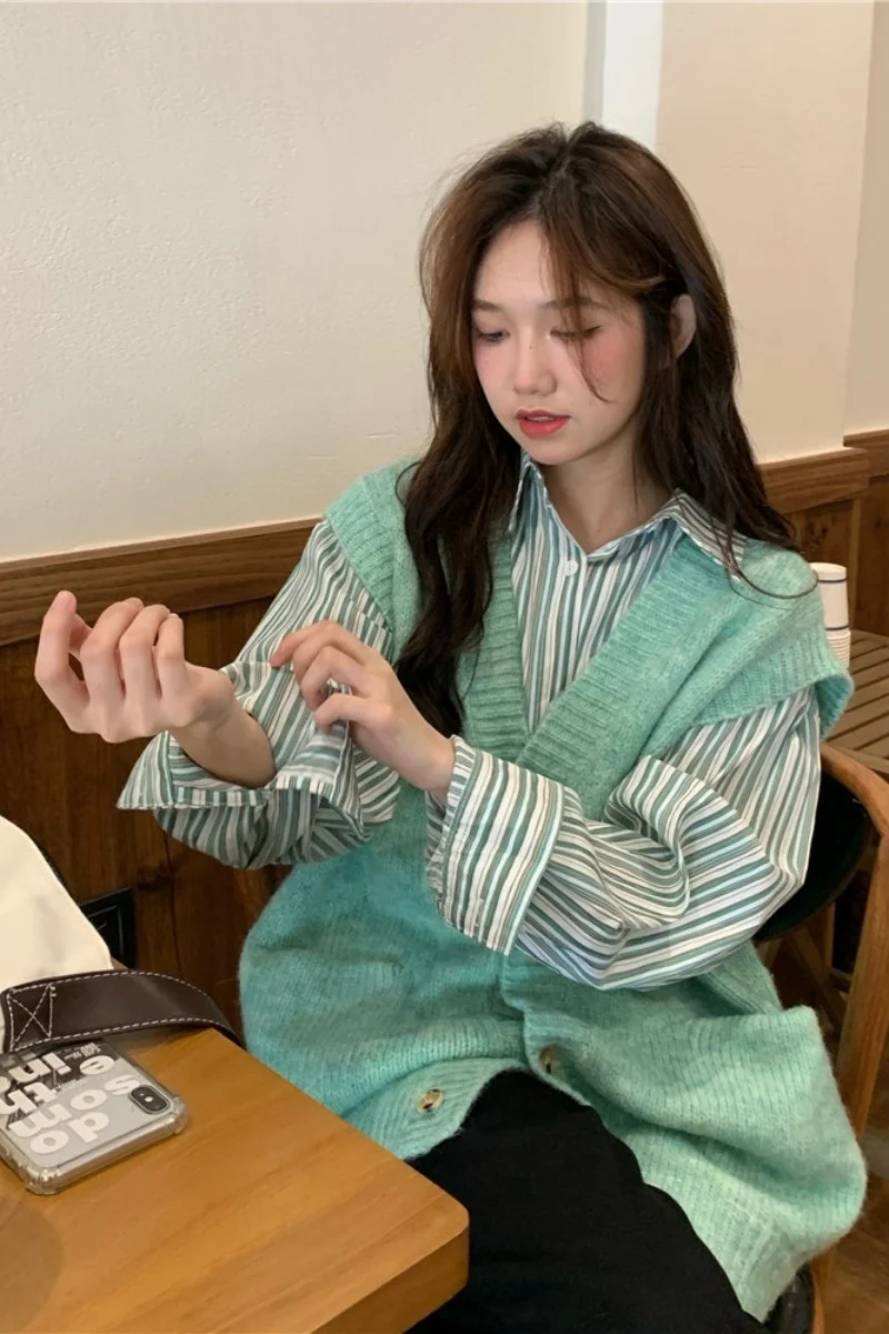 Зеленый вязаный кардиган верхнее пальто Женский Осенний складной жилет без